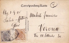 Alta Anaunia - 1905
Retro dell'immagine 319
Cartolina viaggiata da Cles a Verona il 5 Settembre del 1905
Cartolina che immortala alcuni militari austriaci con sullo sfondo il gruppo dell'Adamello.
La particolarità è la data di spedizione della stessa e cioè il primo di settembre del 1905, il giorno successivo al termine delle manovre militari tenute in Val di Non, che ha visto la presenza dell'Imperatore Francesco Giuseppe negli ultimi tre giorni di agosto. Cartolina scritta quasi sicuramente da un militare od osservatore italiano. img319a.jpg